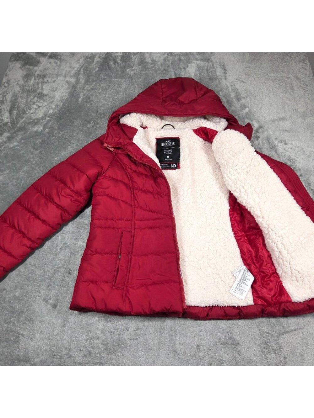 Hollister Jacket Womens Medium Red Puffer Collection Faux Sherpa Lined Coat